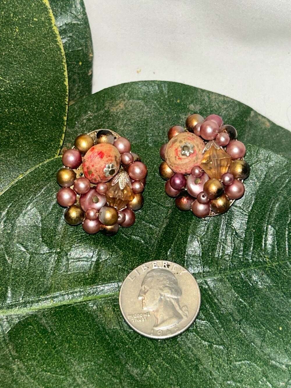 Vintage Mid Century Pink and Bronze Beaded Cluster Clip-On Earrings